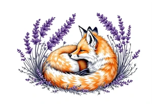 A fox curled up beneath a lavender bush, with warm orange tones contrasting the cool purple hues. tattoo idea