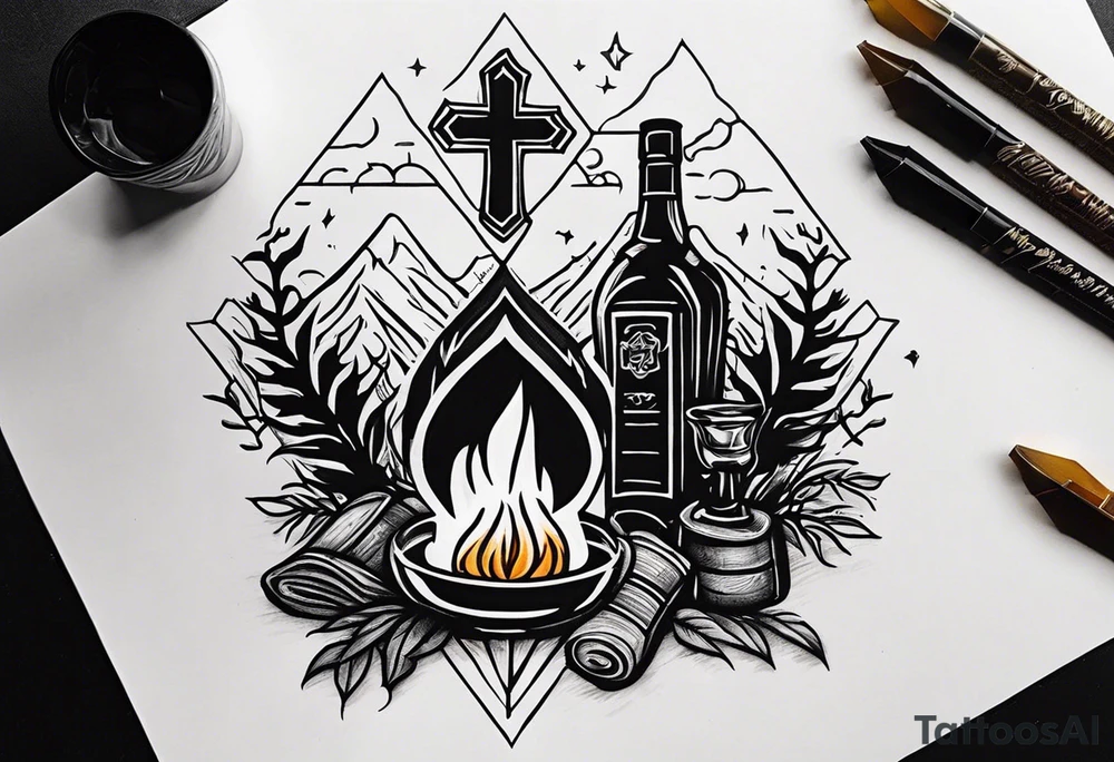 christian 
cross, campfire and whiskey tattoo idea