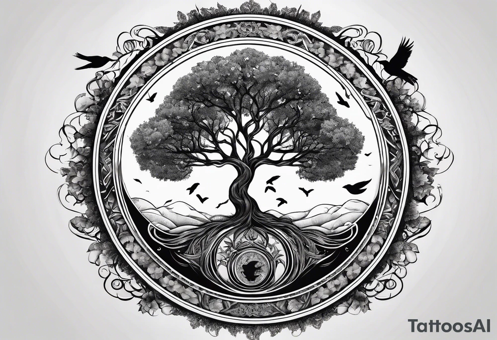 Tree of life in a broken circle with birds representing family members tattoo idea