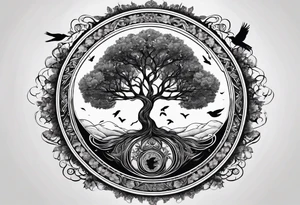 Tree of life in a broken circle with birds representing family members tattoo idea