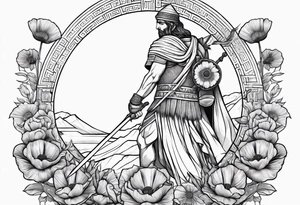 Greek warrior tending to Poppy flower growing out of rock tattoo idea