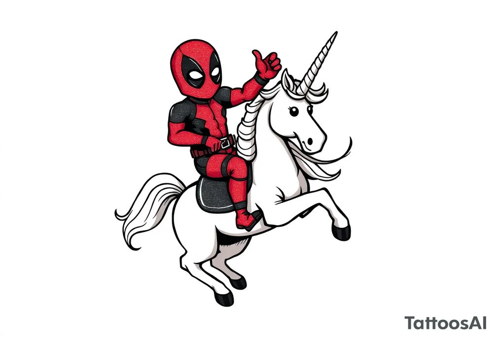 Silly glittery Deadpool riding unicorn  flipping off tattoo idea