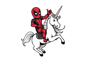 Silly glittery Deadpool riding unicorn  flipping off tattoo idea
