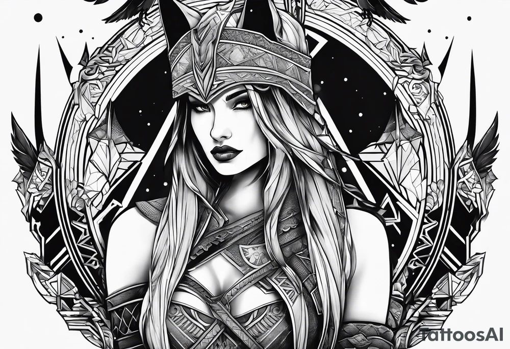 valkeryie woman 
warrior wolf crow axe tattoo idea