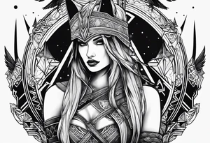 valkeryie woman 
warrior wolf crow axe tattoo idea