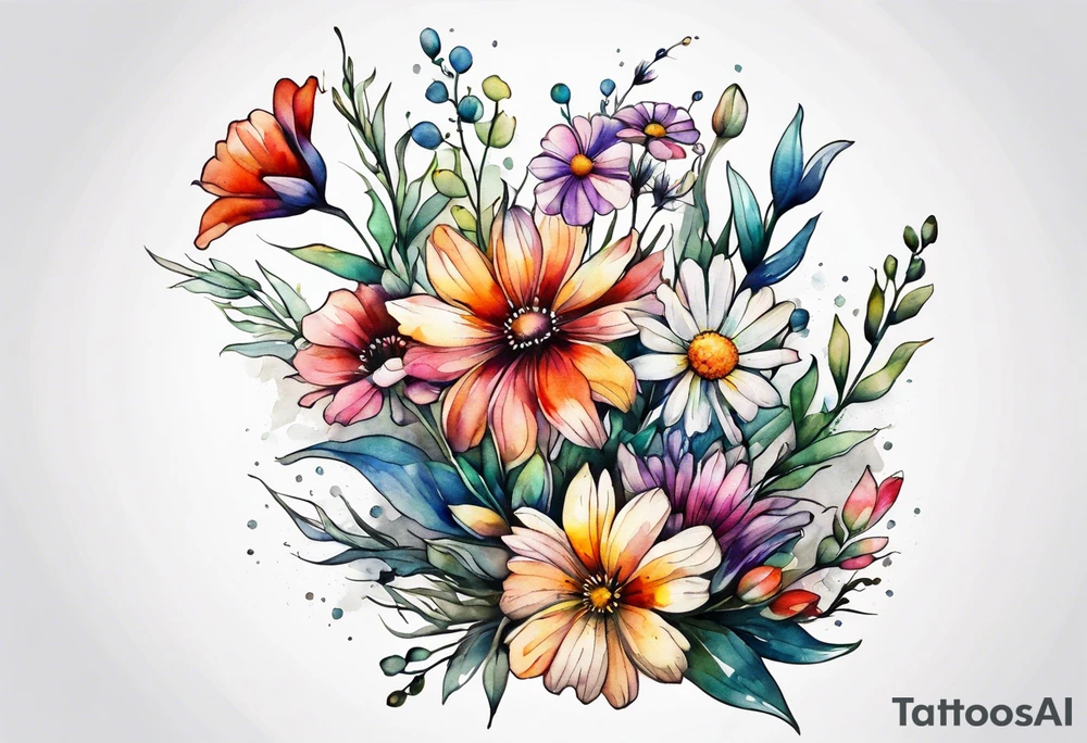 wild flowers long stems bouquet all watercolor tattoo idea