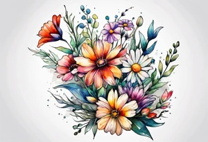 wild flowers long stems bouquet all watercolor tattoo idea