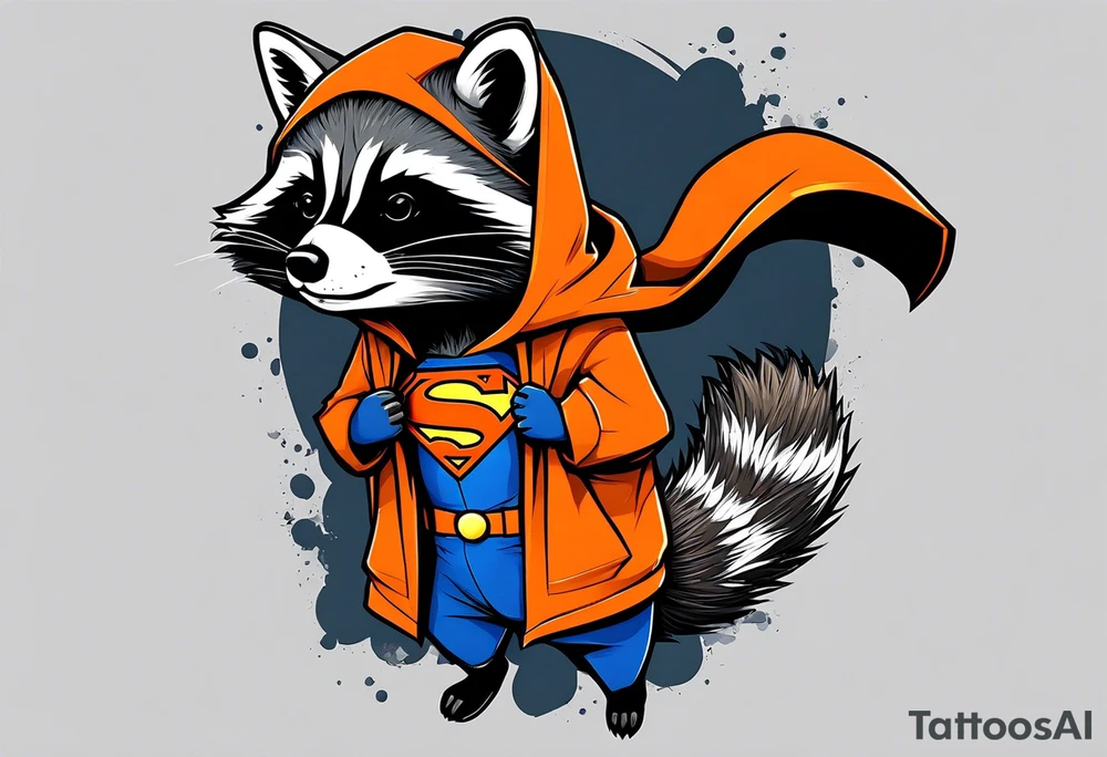 Raccoon wearing an orange Superman hoodie tattoo idea