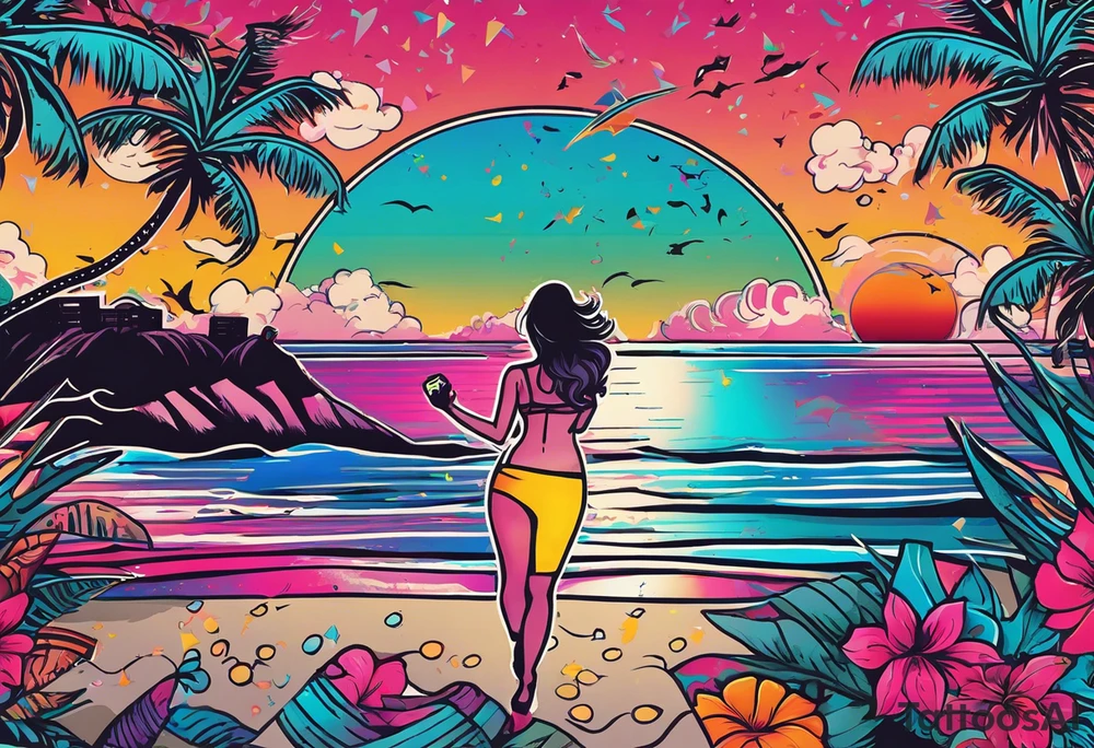 1980's miami vice style beach dance 
party, include confetti, music notes, boom box, bikinis sunset in the center tattoo idea