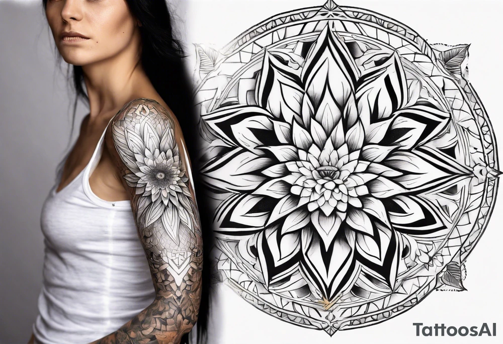Sleeve tattoo on a woman's arm. Phoenix and mandala gold Flower and mandala Metatron's cube sacred geometry tattoo idea