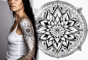 Sleeve tattoo on a woman's arm. Phoenix and mandala gold Flower and mandala Metatron's cube sacred geometry tattoo idea