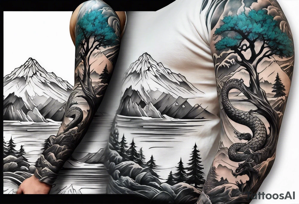 Full arm sleeve, tree going up to shoulder dead tree going down to wrist, wrapped in a serpent moving down with mountain and water elements tattoo idea