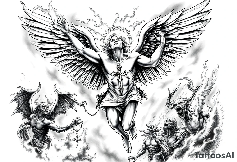 A fallen angel falling from heaven to hell , his wings catch fire and partially burn his halo breaks, Demons and dead souls reach out for him, he has a sexy demon women  holding onto his side as he falls , fire and smoke throughout the backround with creatures lurking in the back, theres an upside diwn cross burnt into his chest tattoo idea