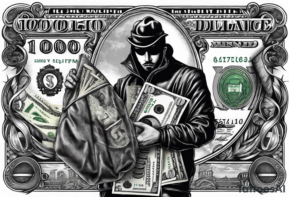 100 dollar bill with a money bag and a robber holding money bag tattoo idea