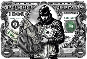 100 dollar bill with a money bag and a robber holding money bag tattoo idea