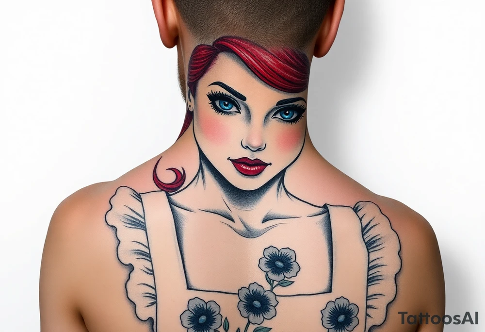 Old school Traditional pin up girl with red hair and blue eyes and wearing a milkmaid maid style dress with blue flowers on dress tattoo idea