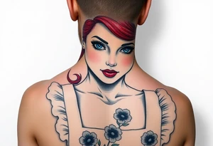 Old school Traditional pin up girl with red hair and blue eyes and wearing a milkmaid maid style dress with blue flowers on dress tattoo idea