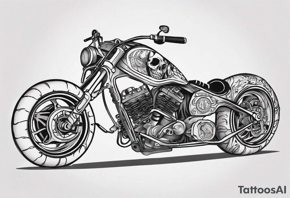 I want a tattoo of a motorcycle and a skeleton in the back with the name “Viking Customs” incorporated in the design tattoo idea