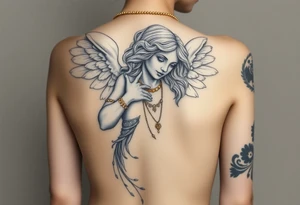 Create a statue of some angel, ruined with criminal corruption, tattoos, jewelry, gold necklaces. I would like this to be placed on the left arm. tattoo idea