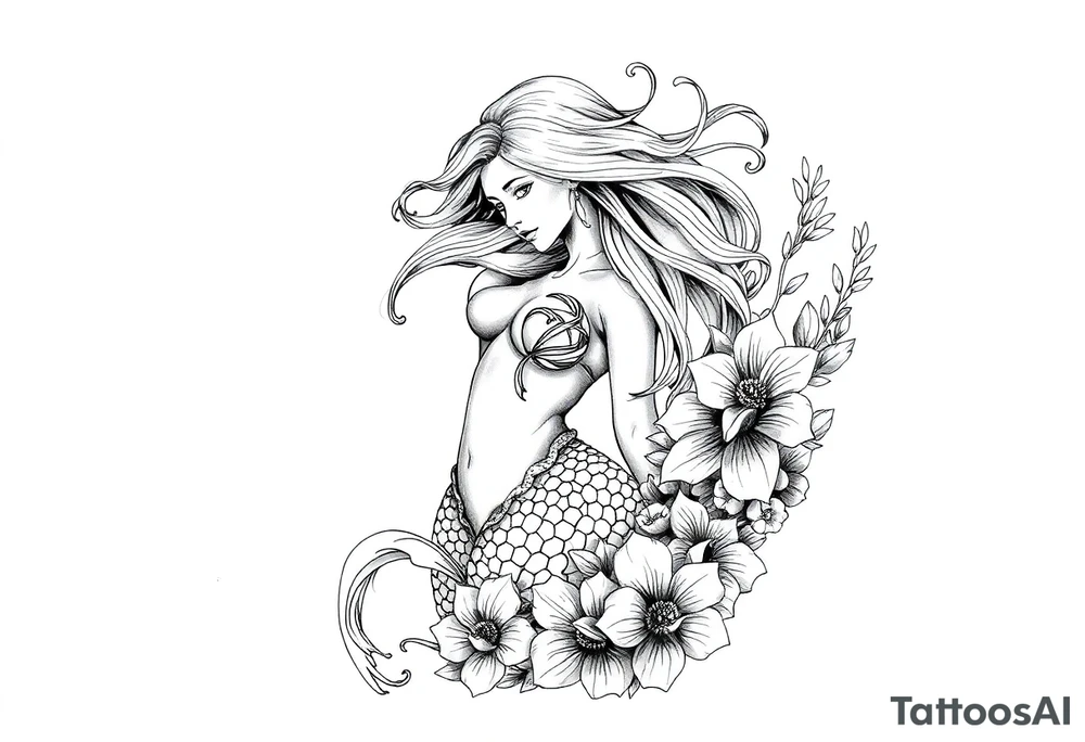 ethereal mermaid with flowing hair among coral and sea flowers tattoo idea