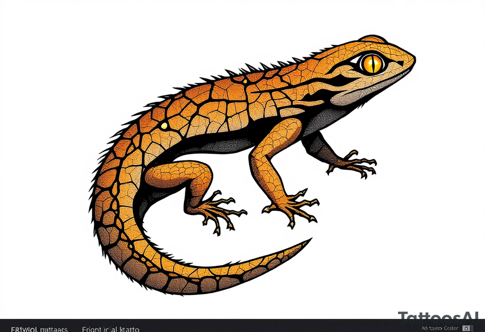 Tribal desert lizard with cracked earth texture – A sleek, agile lizard in motion, designed with tribal curves and sharp angles along its spine. Its skin mimics the pattern of sunbaked, cracked earth, blending tones of burnt orange, dusty brown, and charcoal black. The tail coils elegantly, forming a spiral, while the eyes gleam in golden yellow, symbolizing survival, transformation, and primal instincts. tattoo idea