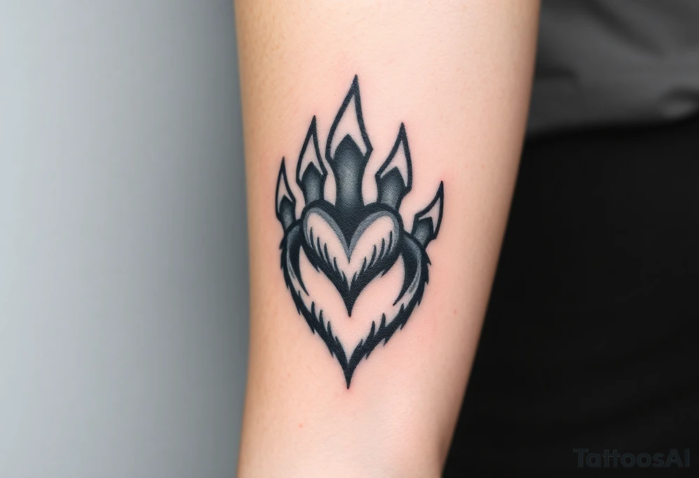 A black-and-gray shaded wolf paw forming, with sharp heart and intense shading for a bold tattoo idea
