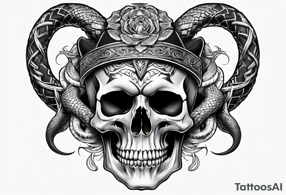 skull with horns and snake tattoo idea