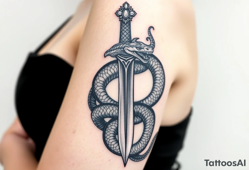mystical snake coiled around an ancient dagger with jeweled hilt tattoo idea