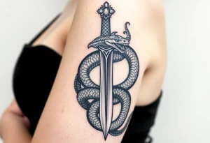 mystical snake coiled around an ancient dagger with jeweled hilt tattoo idea
