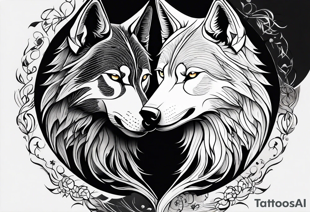 black wolf and white wolf in a ying yang style tattoo idea