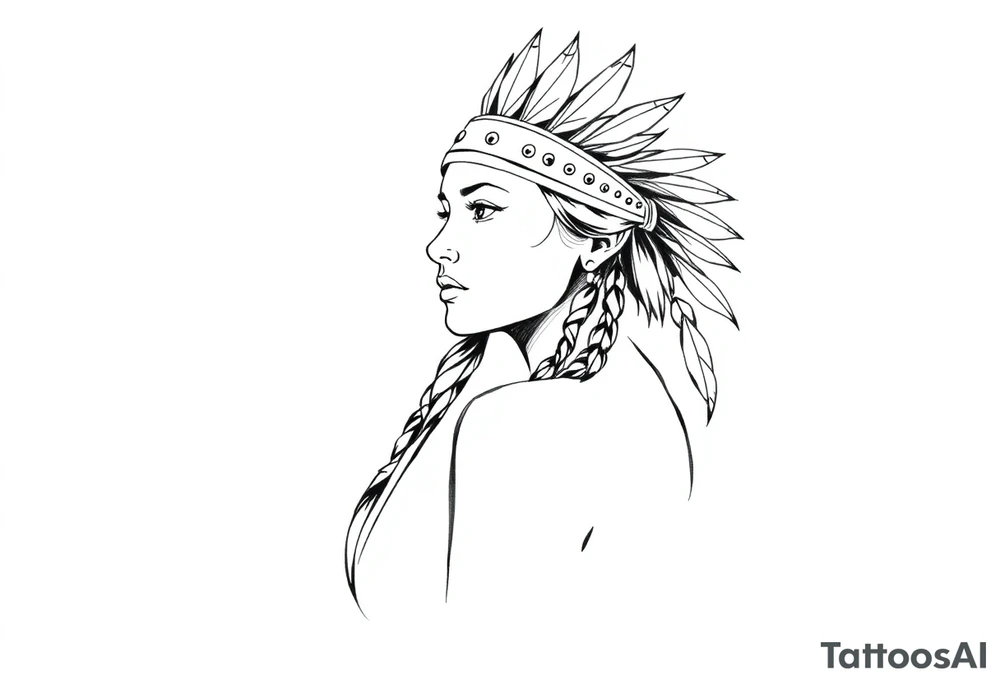 Female Native American wearing headband side pose tattoo idea