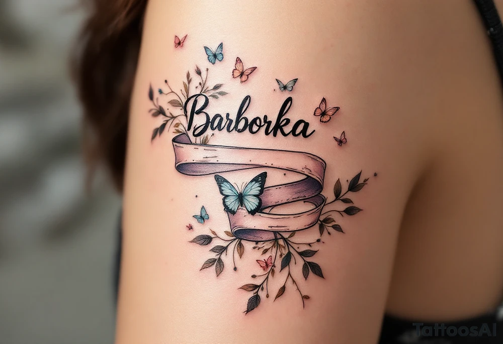 Barborka name wrapped in a flowing ribbon, with soft pastel butterflies fluttering around. tattoo idea