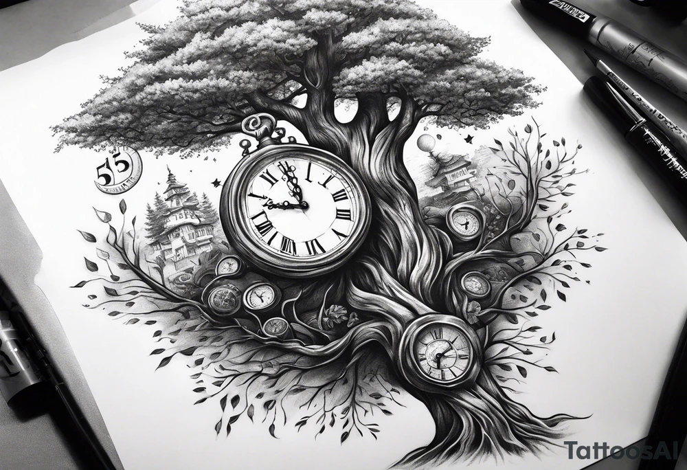 Masculine tree with clock and birthdates in roots tattoo idea