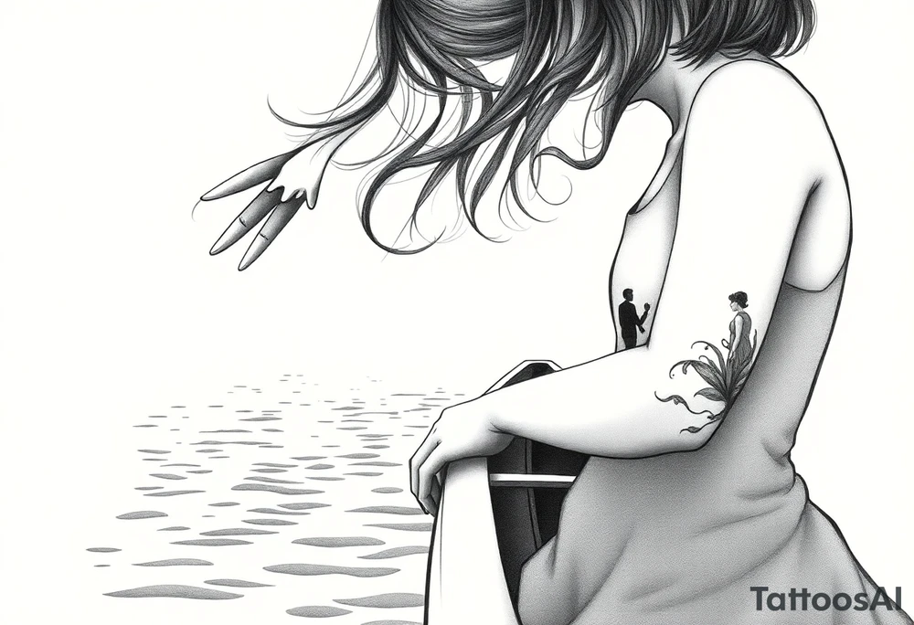 The silohette of a Little girl leaning over a boat hand outreached  in. The rippling  water the fades into a scene of the daughter and father holding hands walking into distanc tattoo idea