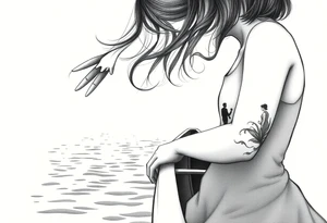 The silohette of a Little girl leaning over a boat hand outreached  in. The rippling  water the fades into a scene of the daughter and father holding hands walking into distanc tattoo idea