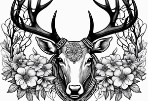 antler wrapped in barbed wire and flowers tattoo idea