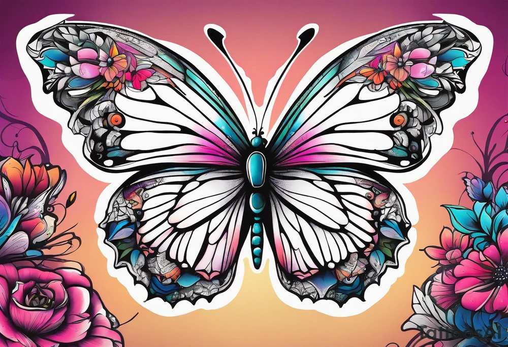 A vibrant butterfly with colorful wings, resting on a flower, showcasing transformation and beauty.” tattoo idea