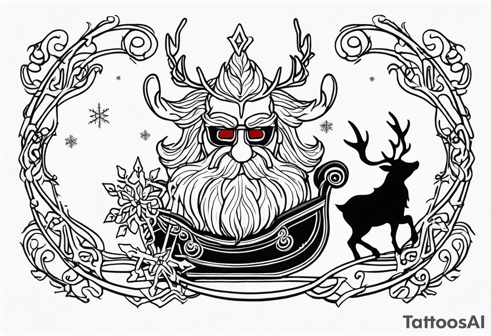 There will be a rope going down from it 
To which Santa Claus's sleigh is tied, but in the sleigh with reindeer there will be a krampus instead of a grandfather and they will be surrounded by a large snowflake tattoo idea