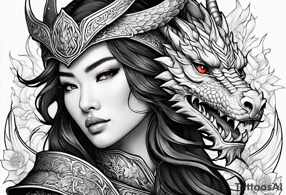 beautiful warrior woman wearing dragon armor and a floral background and a dragon a full picture tattoo idea