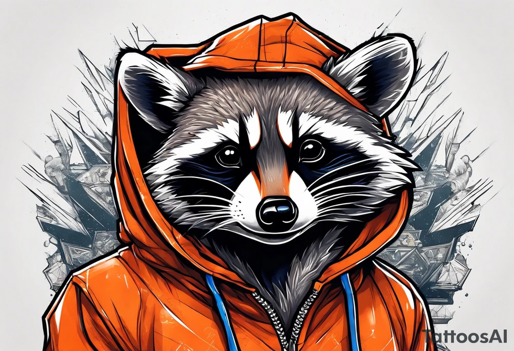 Raccoon wearing an orange Superman hoodie tattoo idea