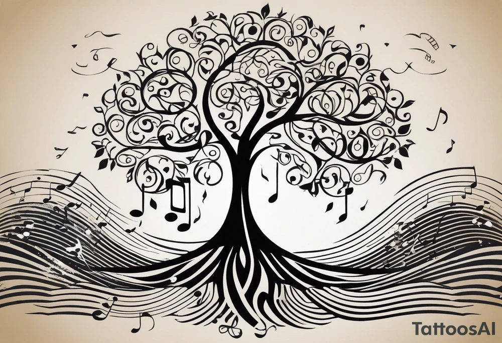 A tattoo design that incorporates the following elements: an abstract tree of life that has roots emerging  from the ground. Waves of water wrap around the tree in a non symmetrical design.  Incorporate musical notes into the tree. the letters U and A are overlapping and engraved into the tree. incorporate a golf ball or golf course symbols like a flag but not prominent. tattoo idea