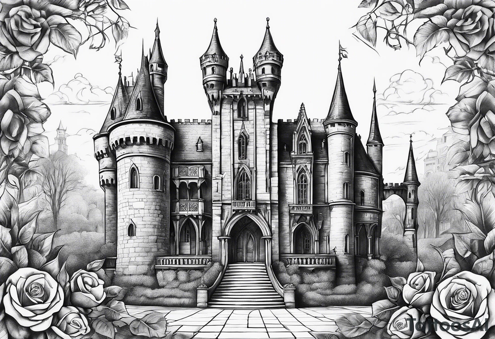 tall old broken gothic castle, broken sword, roses tattoo idea