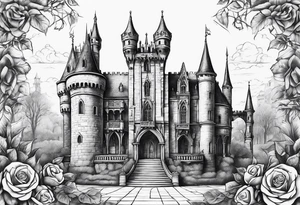 tall old broken gothic castle, broken sword, roses tattoo idea