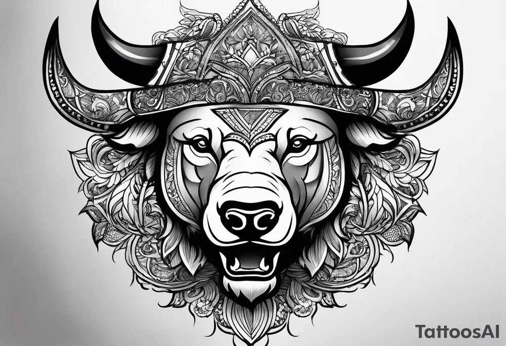 Make me a tattoo of half a bear's face and half a bull's face on one face tattoo idea