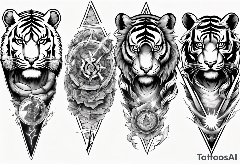 Ancient tiger with lightning and a sun for a forearm sleeve tattoo idea