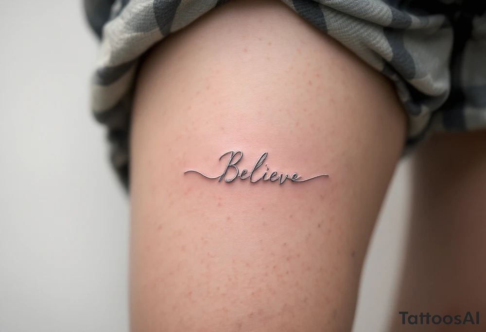 A delicate "Believe" in silver, intertwined with tiny feathers in soft white, symbolizing freedom and trust in the journey. tattoo idea