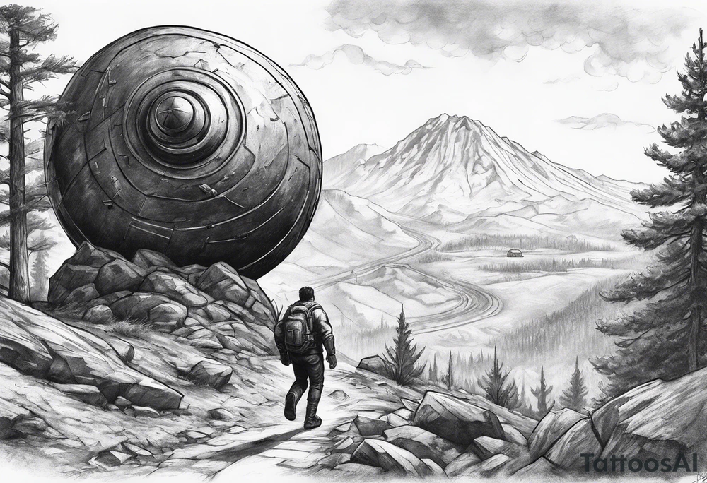 sisyphus rolling the mini nuke from fallout 4 up a hill tattoo idea