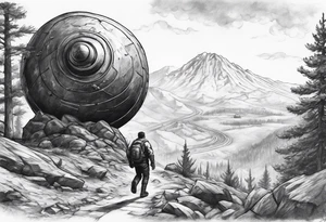 sisyphus rolling the mini nuke from fallout 4 up a hill tattoo idea