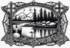 christian 
cross, campfire, golf , whiskey glass, cabin tattoo idea