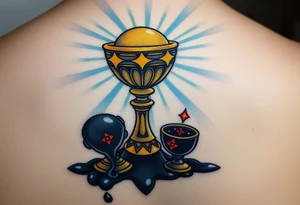 holy grail, glowing with soft blues and golds, surrounded by soft rays of light, standind next to a dark chalice, dripping black liquid, with red glowing symbols tattoo idea